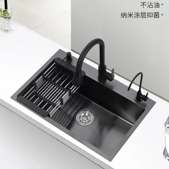 Kitchen sink large single slot 304 stainless steel black diamond handmade basin