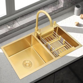 Kitchen sink double slot household stainless steel 304 gold nano color