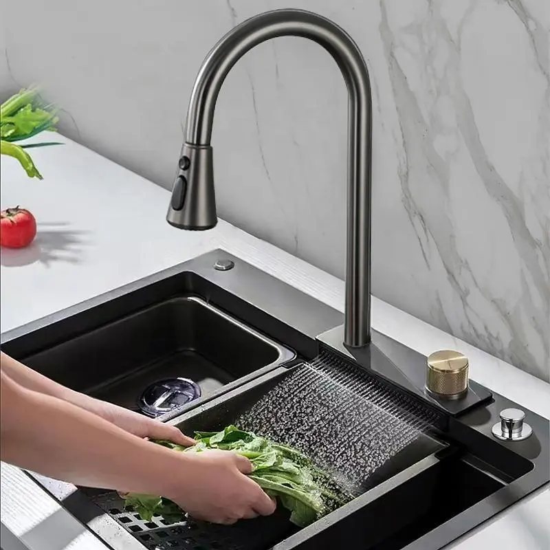 luxury kitchen sinks 304 stainless steel china multifunctional sink modern waterfall rainfall single bowl kitchen sink set black