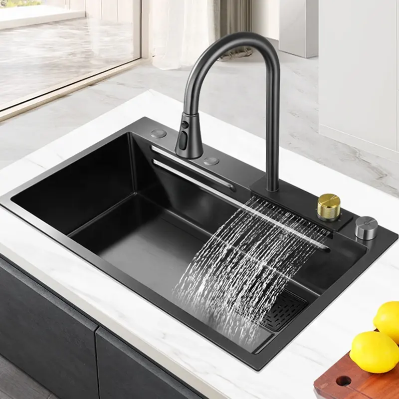 luxury kitchen sinks 304 stainless steel china multifunctional sink modern waterfall rainfall single bowl kitchen sink set black
