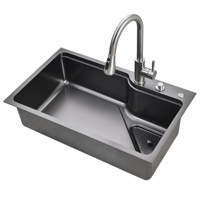 Hot Sale New SS SUS 304 30 inch Dark Grey Stainless Steel Large Singe 3 Hole Kitchen Sink With Faucet